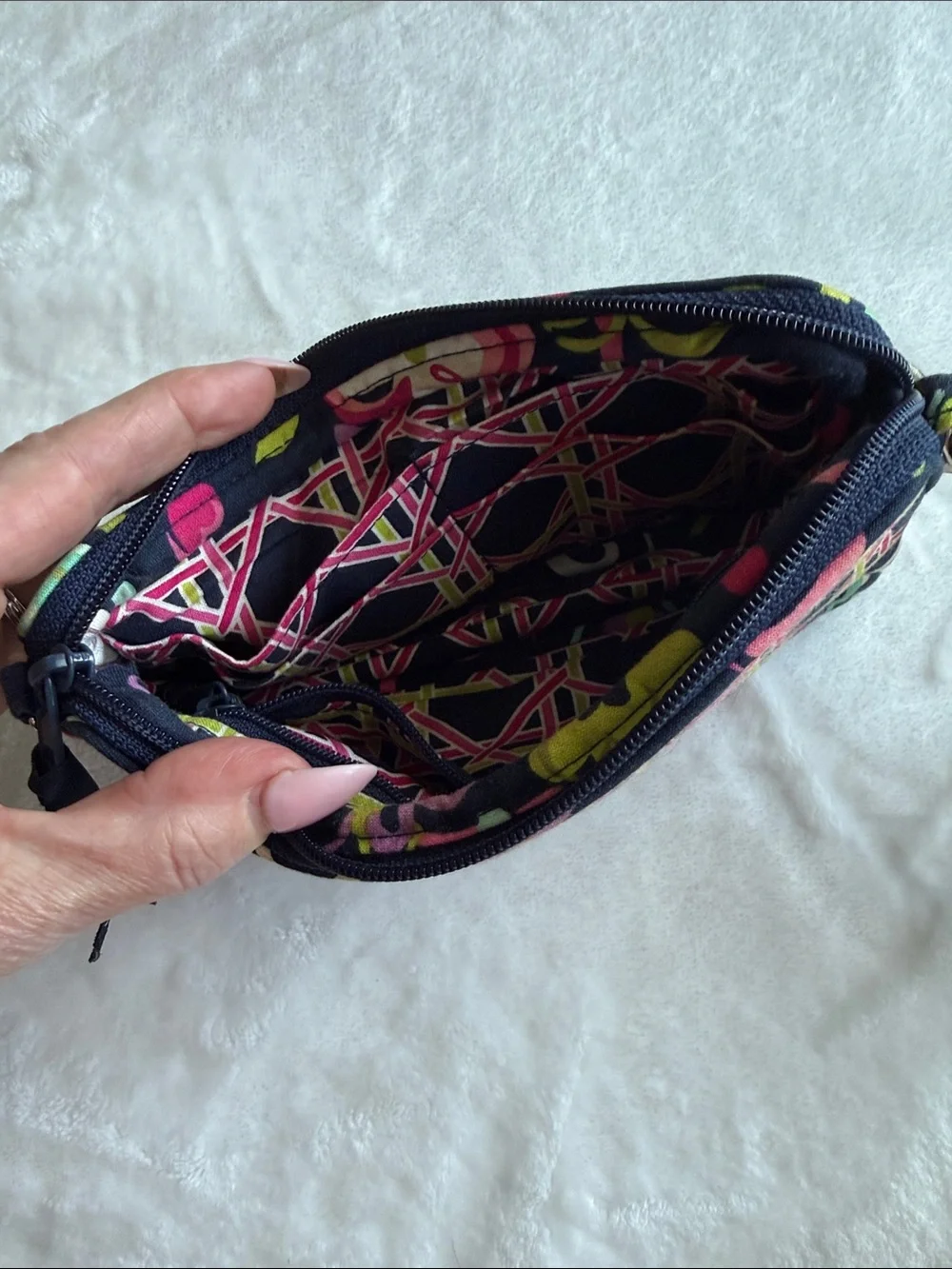 Vera Bradley Navy Quilted Floral Wristlet with Pink and Green Accents